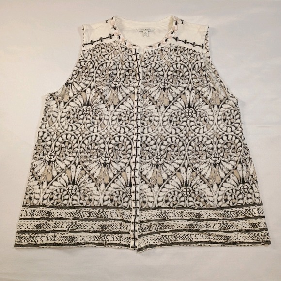 Lucky Brand Sleeveless Top Women's Medium Beige‎ Light Embroidered Abstract Boho - Picture 1 of 15